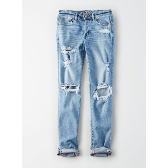 American Eagle Stretch Tomgirl Jeans Slashed Sky Destroyed Ripped BF Boyfriend 0 - Picture 4 of 14